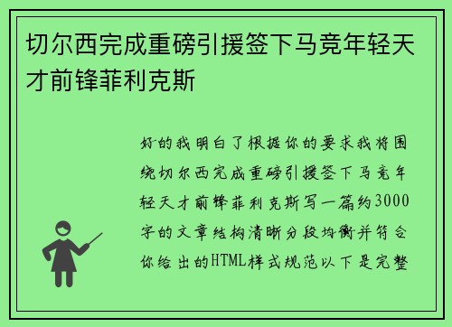 切尔西完成重磅引援签下马竞年轻天才前锋菲利克斯